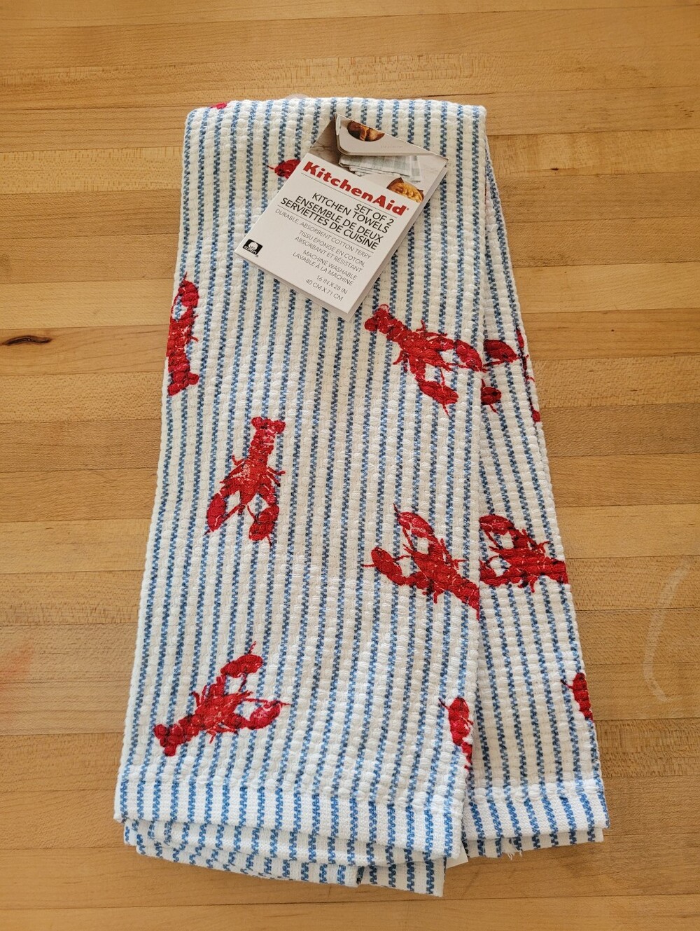 KitchenAid Blue & White Striped Kitchen Towel Set with Red Lobster Motif
